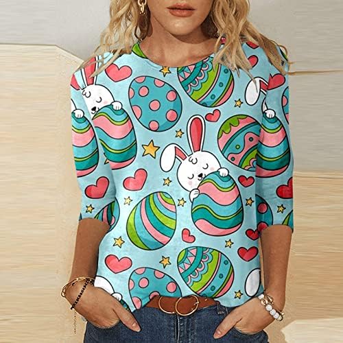 Paskalya tavşanı Gömlek Kadınlar için 3/4 Kollu Üstleri Sevimli Baskı Tee Gömlek Casual Gevşek Hafif Üstleri Kadın