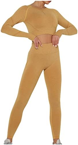 Sarı Üst Tee Seti Kadın Sonbahar Yaz Uzun Kollu 2023 Giyim Ekip Boyun Parça Yoga Dikişsiz T Shirt Seti 4E 4E XL