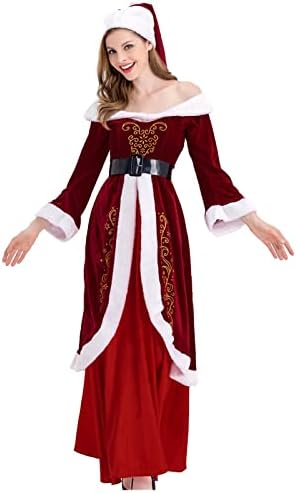 Noel Kostüm Kadınlar için Noel Baba Cosplay Parti Kapşonlu Uzun Maxi Elbise Noel Tatil Elbiseler Kemer ile