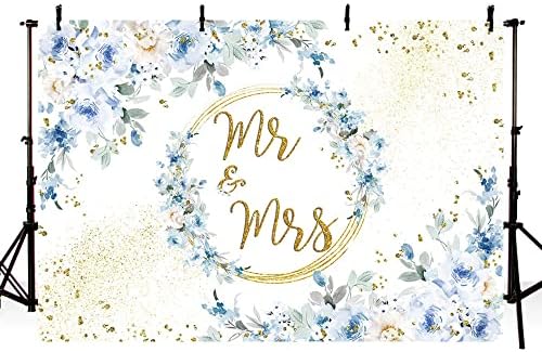 MEHOFOND 7x5ft Mavi Çiçek Zemin için Mr ve Mrs Nişan Parti Süslemeleri Çiftler Düğün Altın Noktalar Glitter Fotoğraf