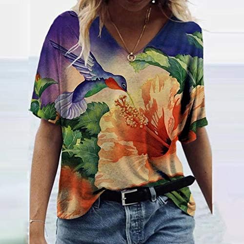 Kadın T-shirtü Yaz Tees Casual Zarif Çiçek Baskılı Kısa Kollu V Yaka Üstleri Gevşek Gömlek Temel Tunik Bluz