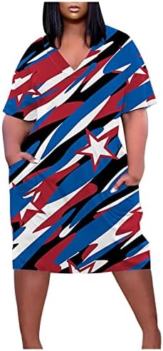 HCJKDU Midi Elbiseler Kadınlar için V Boyun Kısa Kollu Moda Amerikan Bayrağı Yıldız Baskı Elbise Gevşek Artı Boyutu