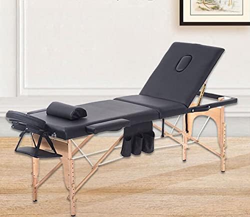 Siyah Katlanır Masaj Masası,3 Bölümlü Taşınabilir Ahşap terapi yatağı/Spa Dövme Çekyat, Yüksekliği Ayarlanabilir