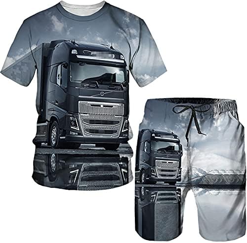 LENG.HILR Büyük Kamyon Yaz 3D Baskılı erkek tişört şort takımı O Boyun Kısa Kollu Takım Elbise