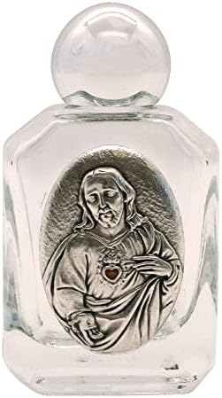 Bükümlü Aynalı Kapaklı Mini Kutsal Kalp Kutsal Su Şişesi / Cam Şişede İsa'nın Kutsal Kalbinin Metal Plakası / İlk
