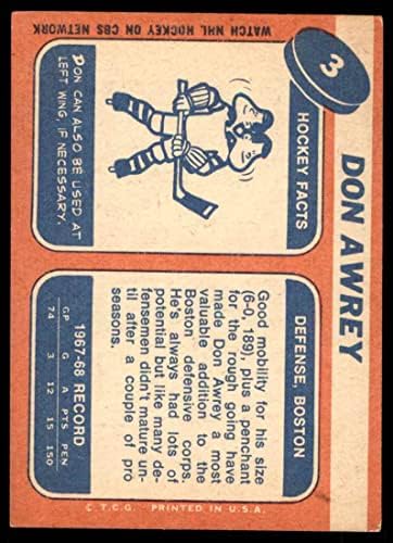 1968 Topps 3 Don Awrey Boston Bruins (Hokey Kartı) (Fotoğraf 43 Skip Krake'den) VG / ESKİ Bruins