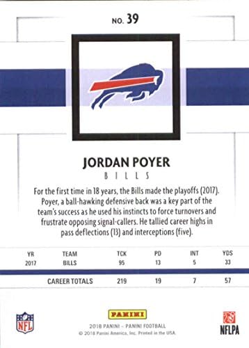 2018 Panini NFL Futbol 39 Jordan Poyer Buffalo Bills Resmi Ticaret Kartı