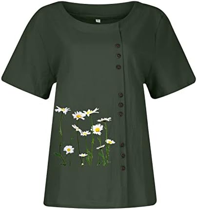 Kadın Moda Pamuk ve Keten Üstleri Gevşek Kısa Kollu Çiçek Baskılı Bluzlar Mizaç Crewneck T Shirt