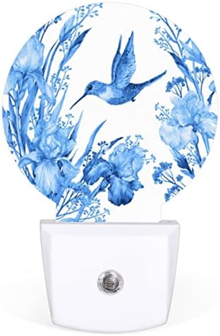 2 Paket, Mavi Hummingbird Iris Çiçekler Yuvarlak Fiş içine Duvar Topografya, Otomatik Karanlık Şafak LED Gece Lambası