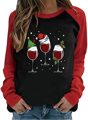 Kadın Rahat Yuvarlak Boyun Raglan Renk Eşleştirme Noel Şarap Bardağı uzun kollu tişört Üst Uzun Kollu Patchwork