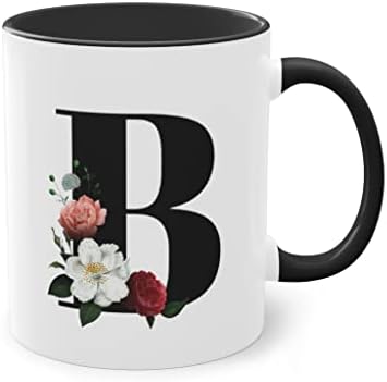 B İlk Kupa Kadınlar için Sevimli Çiçek Monogramlı Alfabe Mektubu Kahve Kupaları 11 Oz