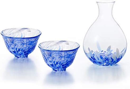 Tsugaru Biidoro, El İşi Bardak Sake Seti, 2 Su Bardağı ve 1 Tokkuri Sürahi, Mavi