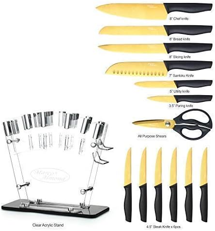 Makro Badem KYA23 Altın Titanyum Bıçak Seti Akrilik Standı ve Titanyum Mutfak Eşyaları Seti