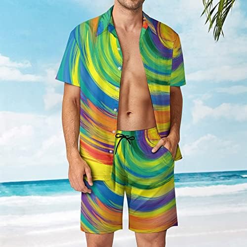 Soyut Renkli Girdap Erkekler 2 Parça Hawaii Seti Düğmeli Kısa Kollu Gömlek plaj pantolonları Gevşek Fit Tees Eşofman
