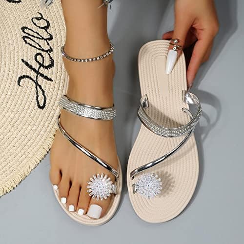 Aayomet Strappy Sandalet Kadınlar için, Bayan Sandalet İnci Seti Ayak Elastik Flats Sandalet Burnu açık Rahat plaj