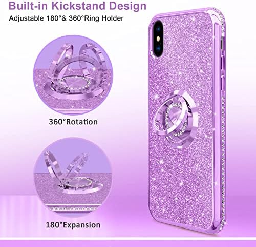 CHEZEAL iPhone X Kılıf ile Uyumlu Glitter 5.8 inç,Halka Standı ile iPhone Xs Kılıf, tam Vücut Slim Fit Sevimli Sparkle