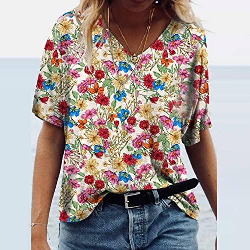 Bayan yazlık gömlek 2023 Vintage Şık Gevşek Üstleri Boho Baskı Henlly T Shirt V Boyun Rahat Moda Tişörtleri