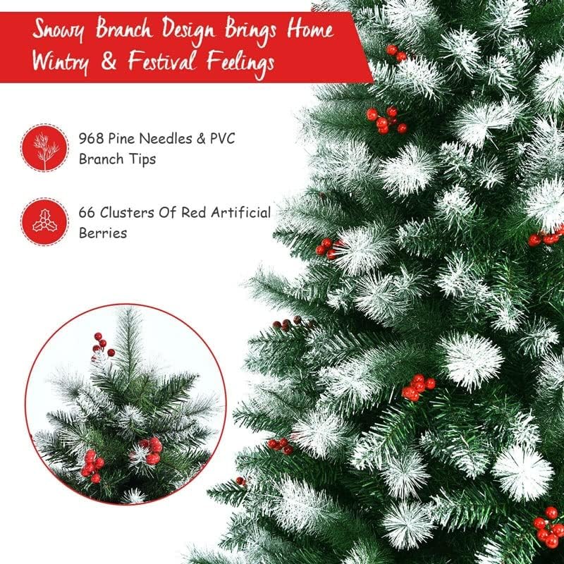 N/A 6ft Aydınlatılmamış Menteşeli Yapay Noel Ağacı W / Kar Akın ipuçları ve Kırmızı Meyveler