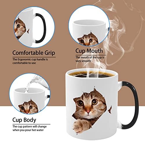 Caliamary ısı değiştiren kupa, komik kedi ısı değiştiren seramik kahve kupa, 11 oz ısıya duyarlı renk değiştiren