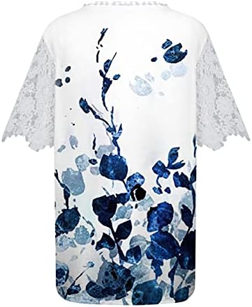 Çiçek Baskılı Üstleri Kadınlar için Tığ işi Dantel Trim Kısa Kollu V Boyun T Shirt Casual Gevşek Kazak Tee Gömlek